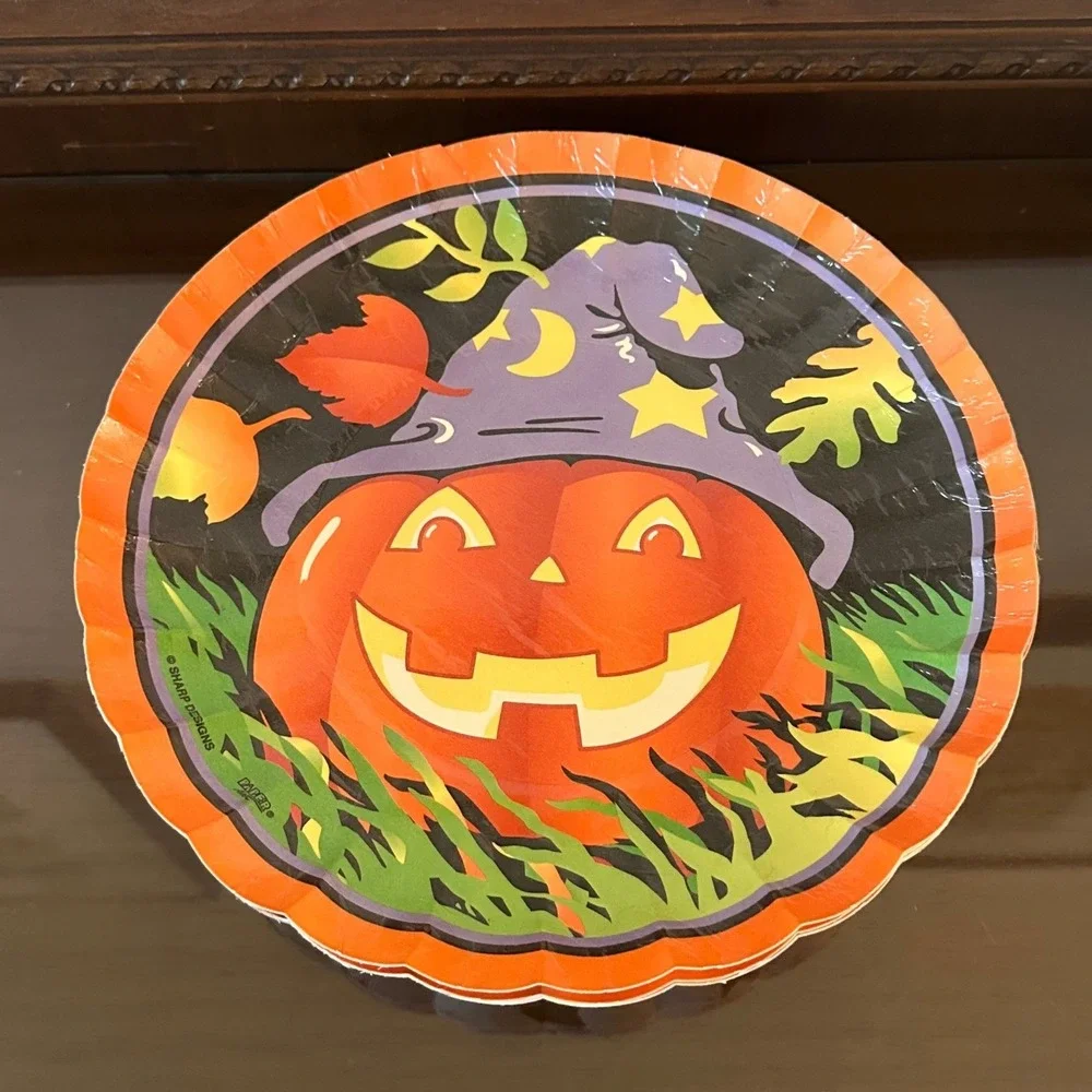 Vintage Paper Art Sharp Designs Halloween Pumpkin Wizard Paper Plates‎ Set of 10
